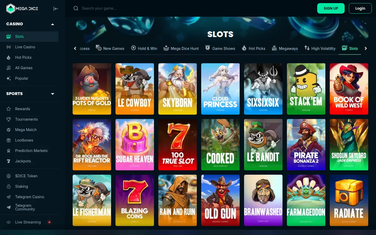 El salón de máquinas de Mega Dice con su rejilla de juegos y los filtros