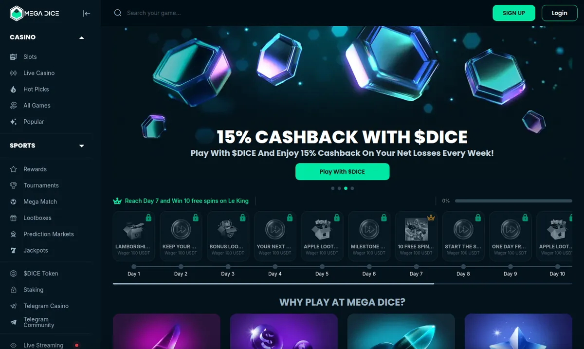 Mega Dice’s front page with its lootbox promotion and the Telegram sign-in