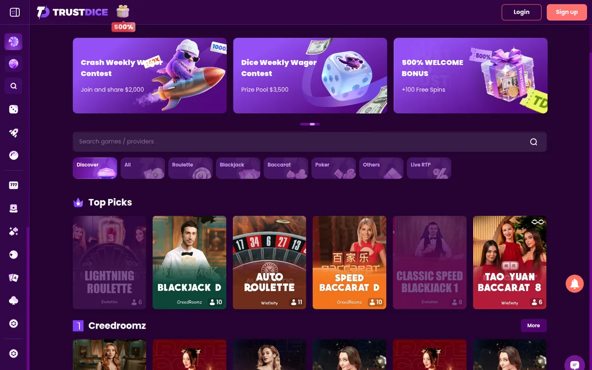 El salón en vivo de TrustDice con sus mesas y límites