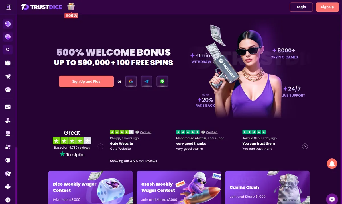 TrustDice’s front page with its welcome bonus and the withdrawal ticker