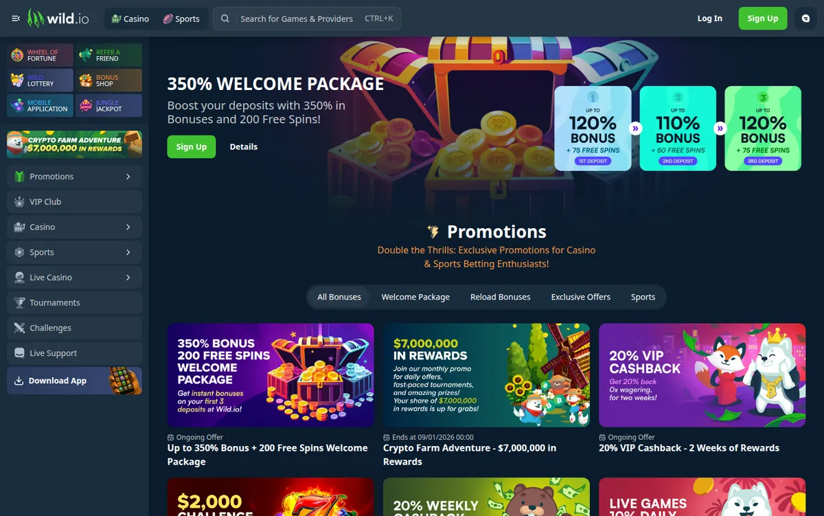 La página de promociones de Wild.io con sus ofertas vigentes